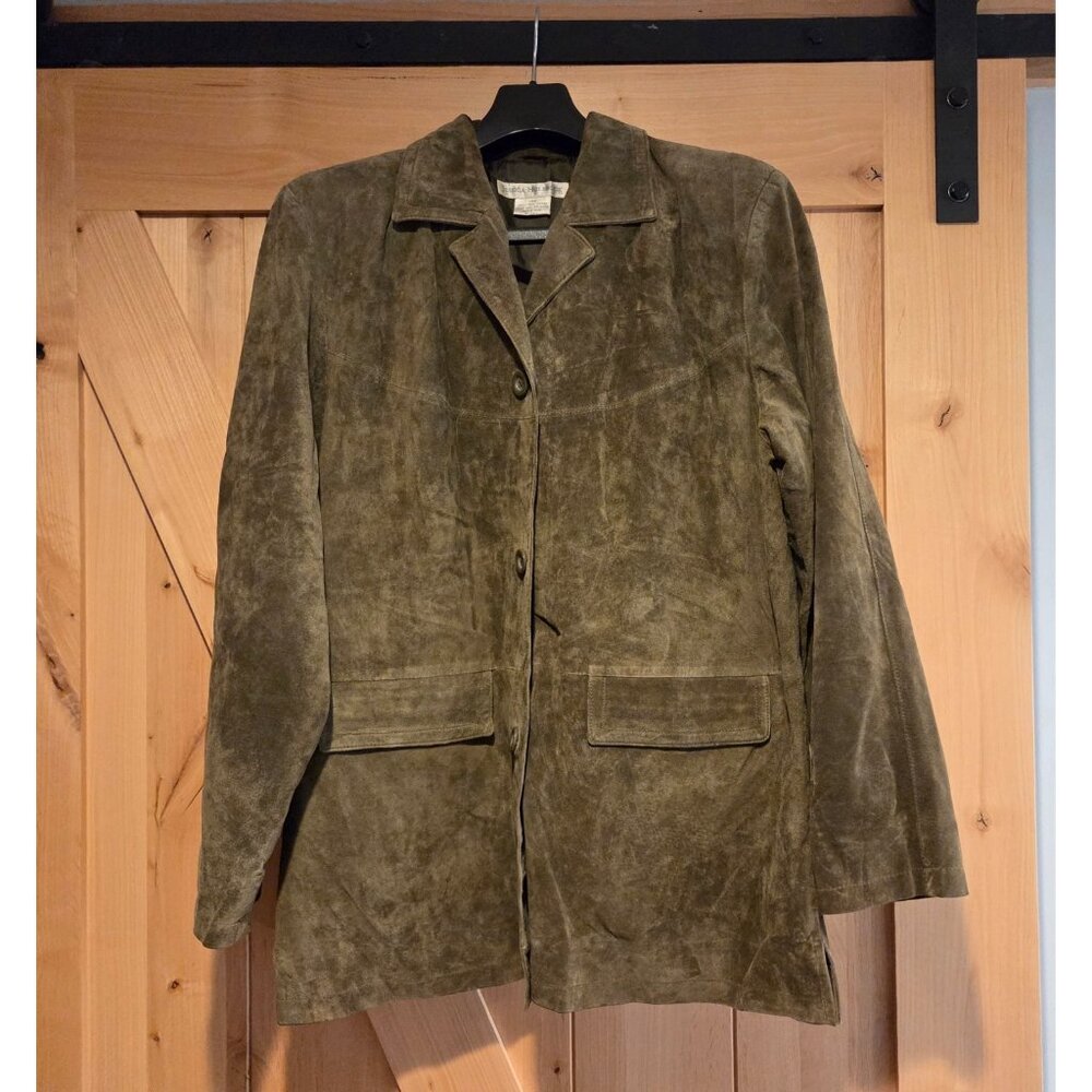 Jessica Holbrook Suede Button Front Jacket Green Leather Size Large Vintage 90s